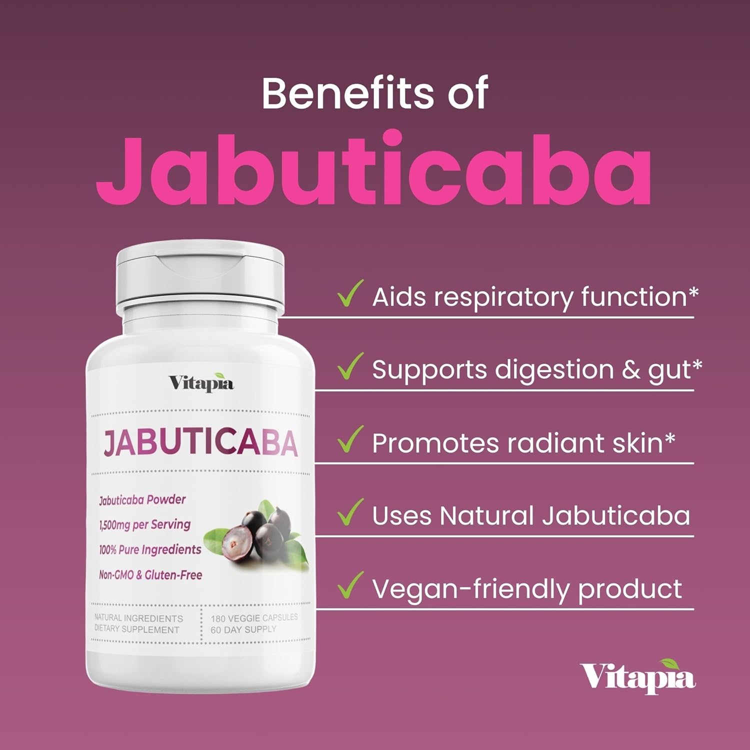 Organic Jabuticaba Fruit Powder Capsules - 1500mg Antioxidant Supplement for Lung Health, Digestion, Immune Support - 180 Vegan Capsules, Non-GMO, Gluten-Free