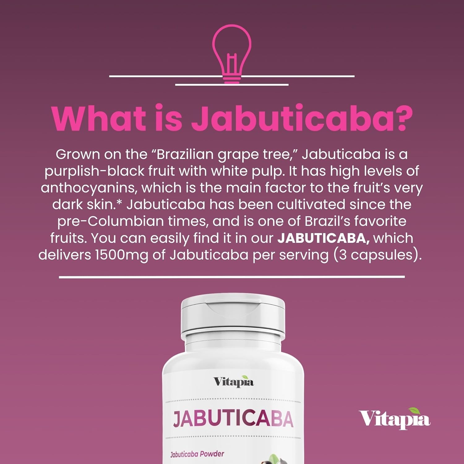 Organic Jabuticaba Fruit Powder Capsules - 1500mg Antioxidant Supplement for Lung Health, Digestion, Immune Support - 180 Vegan Capsules, Non-GMO, Gluten-Free