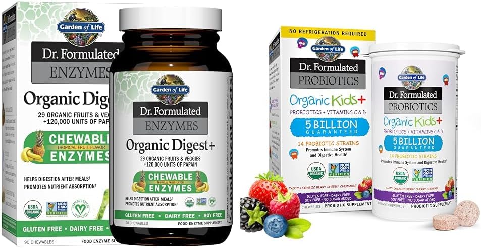 Organic Kids Digestive Enzymes with Probiotics, Vitamin C & D - Berry Cherry Formula by Garden of Life