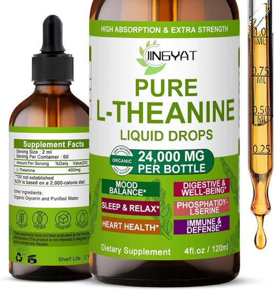 Organic L-Theanine Liquid Drops 400mg for Focus & Sleep Support - Non-GMO & Gluten Free - 60 Servings