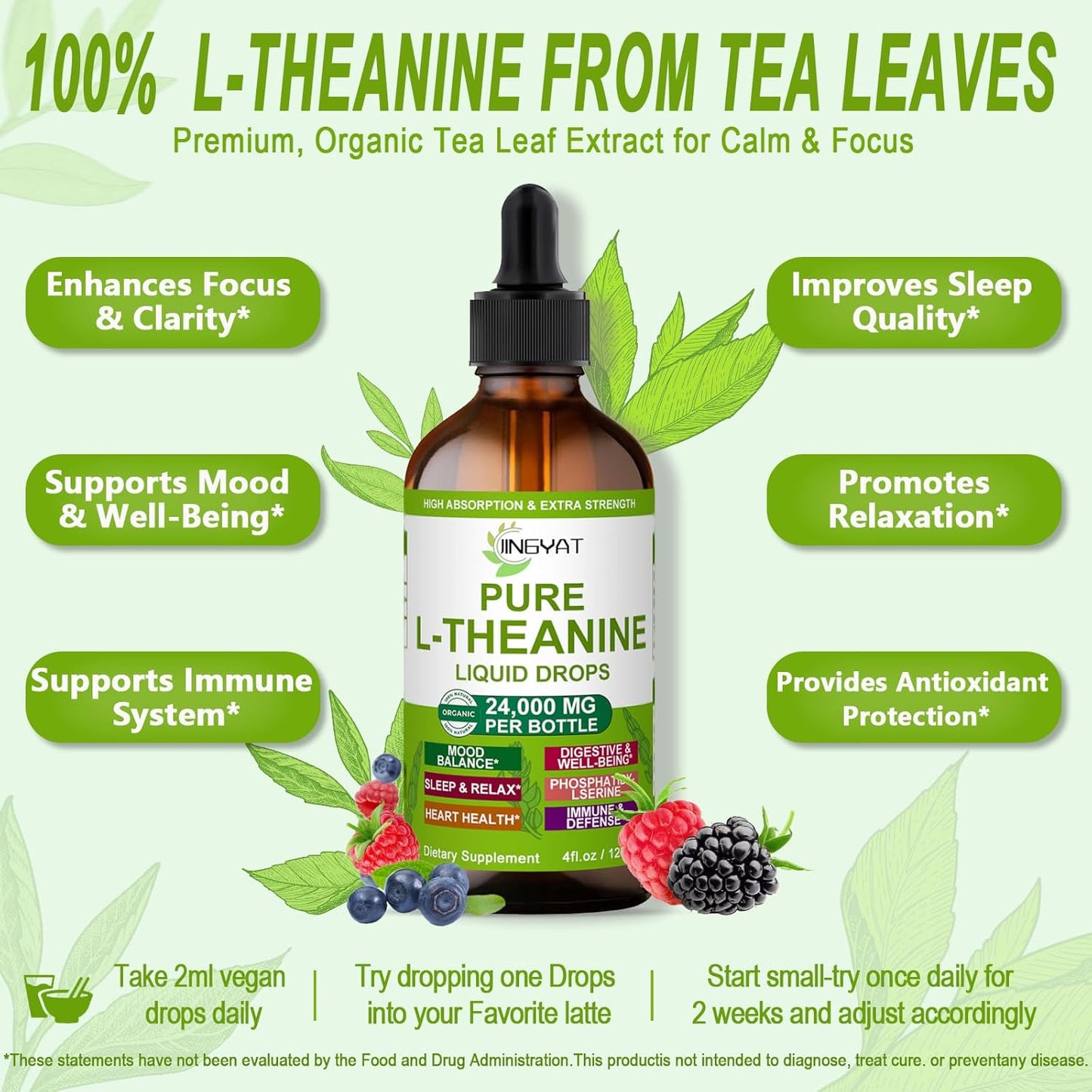 Organic L-Theanine Liquid Drops 400mg for Focus & Sleep Support - Non-GMO & Gluten Free - 60 Servings