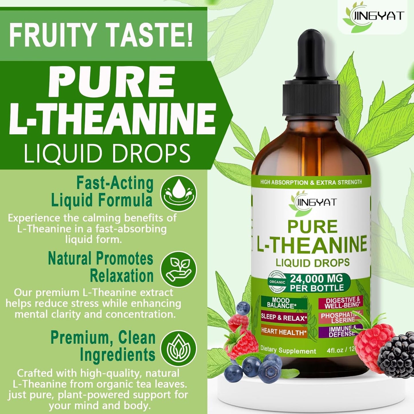 Organic L-Theanine Liquid Drops 400mg for Focus & Sleep Support - Non-GMO & Gluten Free - 60 Servings