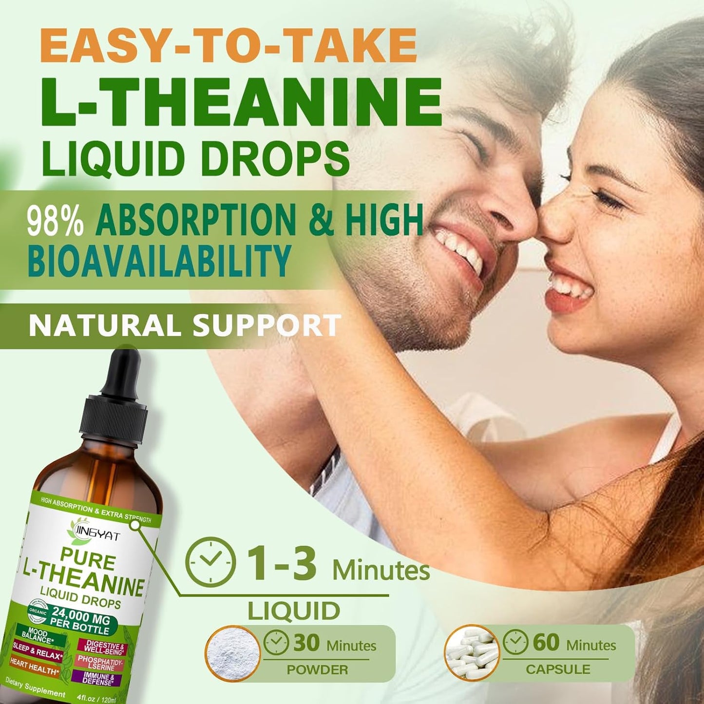 Organic L-Theanine Liquid Drops 400mg for Focus & Sleep Support - Non-GMO & Gluten Free - 60 Servings