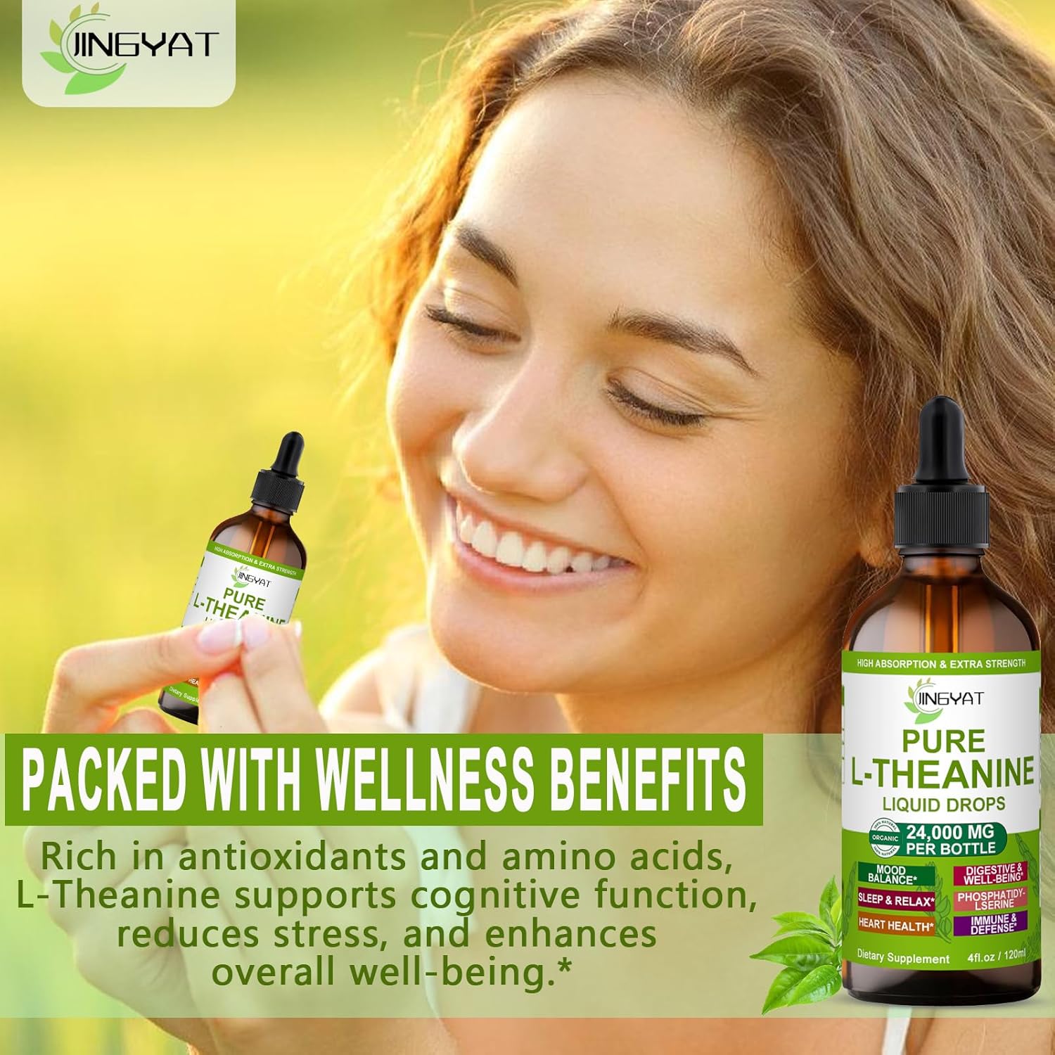 Organic L-Theanine Liquid Drops 400mg for Focus & Sleep Support - Non-GMO & Gluten Free - 60 Servings