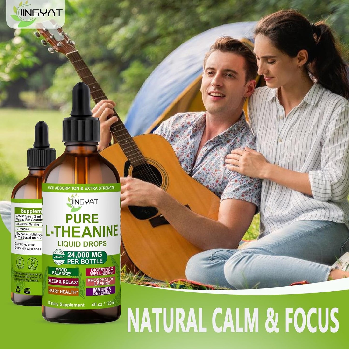 Organic L-Theanine Liquid Drops 400mg for Focus & Sleep Support - Non-GMO & Gluten Free - 60 Servings