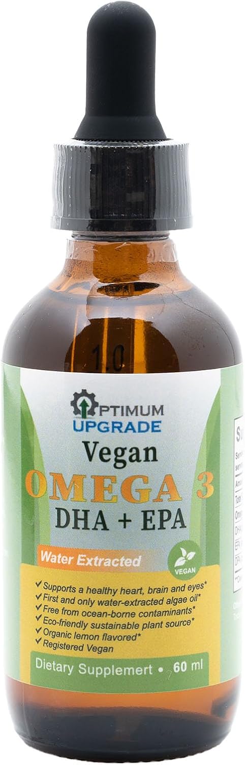 Organic Lemon Flavored Vegan Omega-3 Drops - Plant-Based Algae Oil with EPA, DHA & DPA for Heart, Brain & Joint Health - Non-GMO Liquid Vitamin - 60 Doses