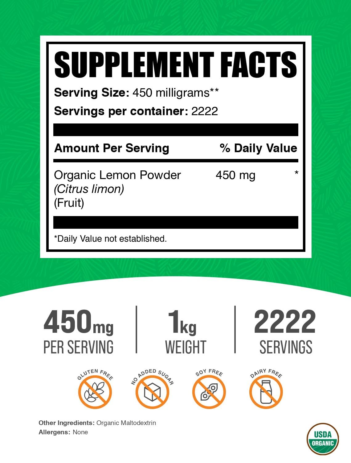 Organic Lemon Powder - Vitamin C Source, Fruit Powder, Immune Support - Gluten Free, 1kg Pack