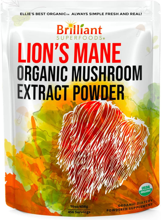 Organic Lions Mane Mushroom Extract Powder - Double Extracted for 10X Potency - No Fillers - 16oz, 458 Servings