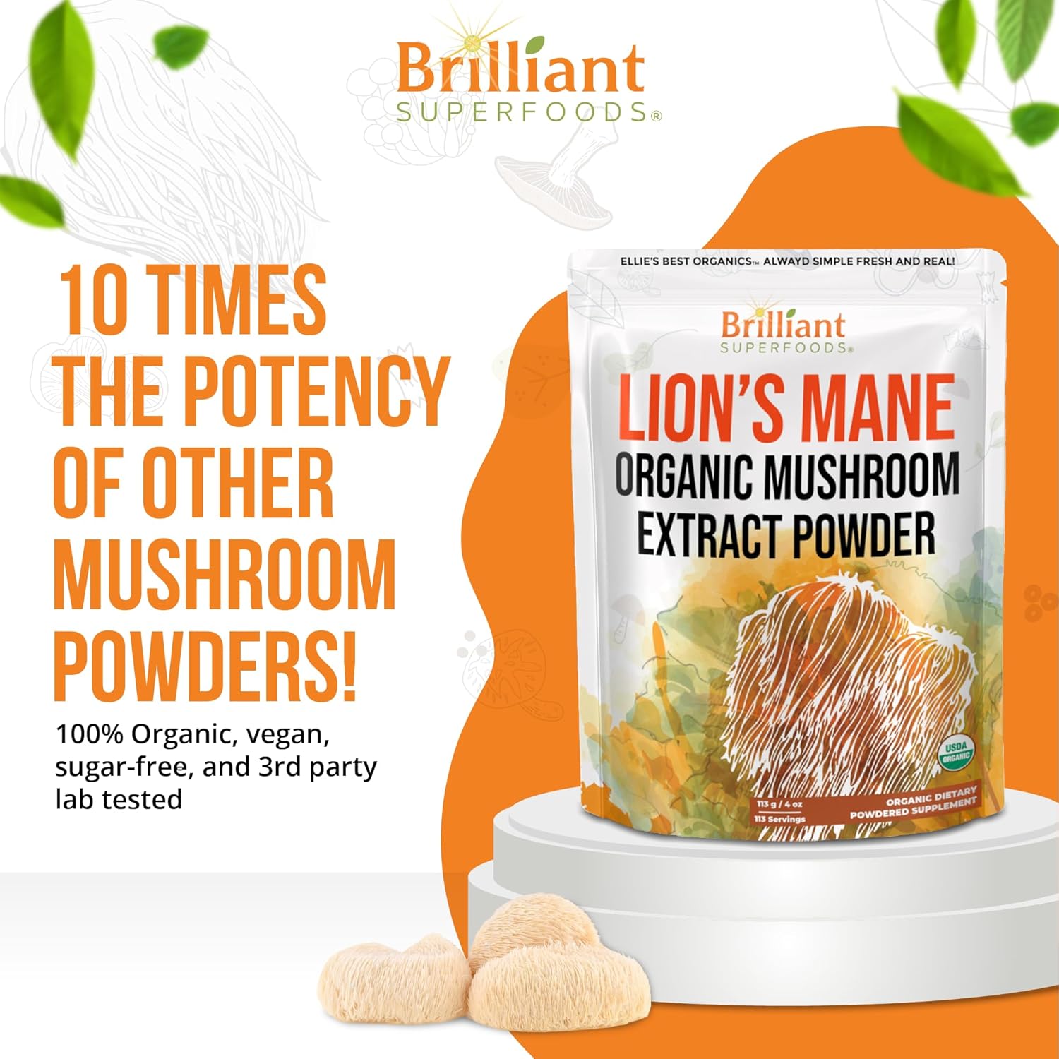 Organic Lions Mane Mushroom Extract Powder - Double Extracted for 10X Potency - No Fillers - 16oz, 458 Servings