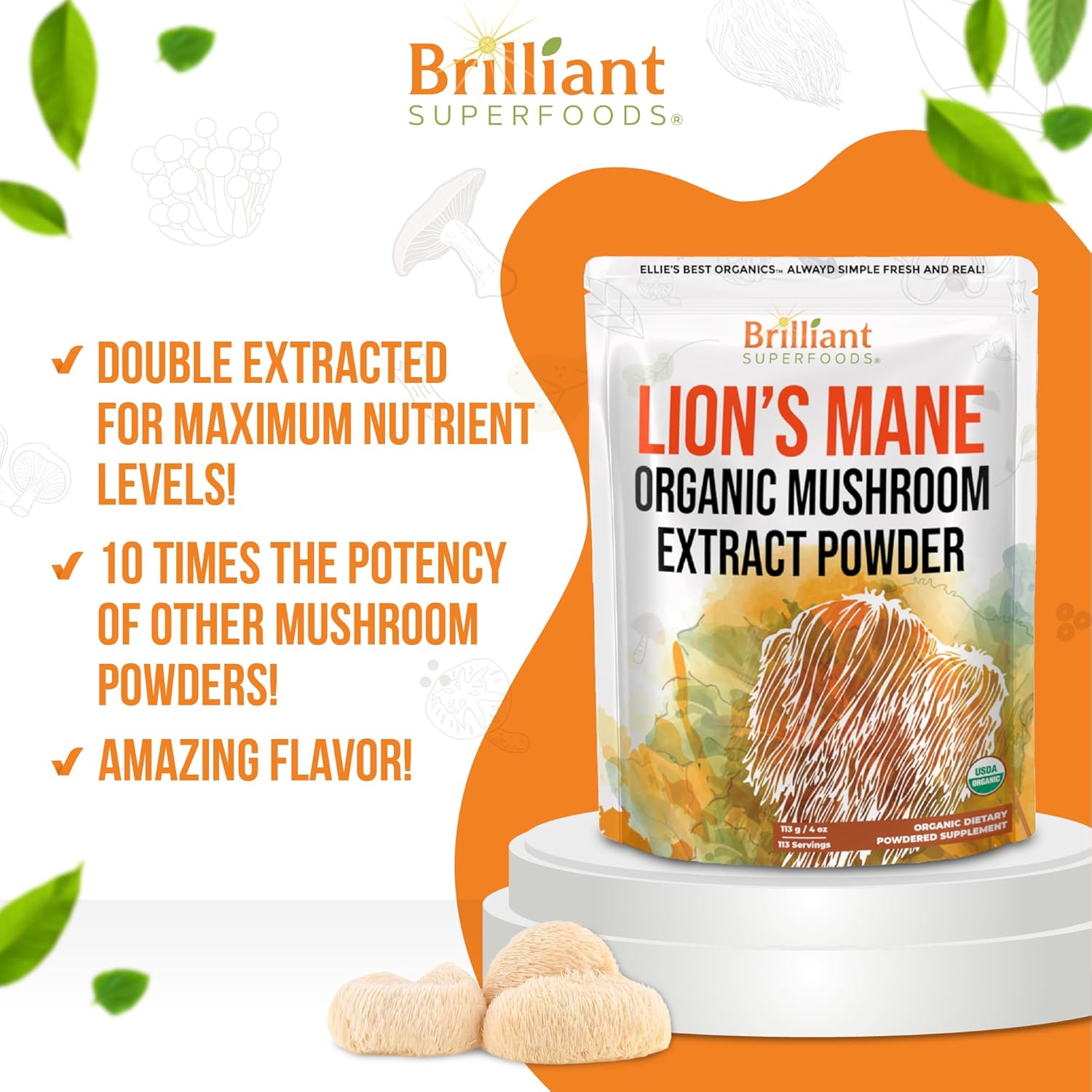 Organic Lions Mane Mushroom Extract Powder - Double Extracted for 10X Potency - No Fillers - 16oz, 458 Servings