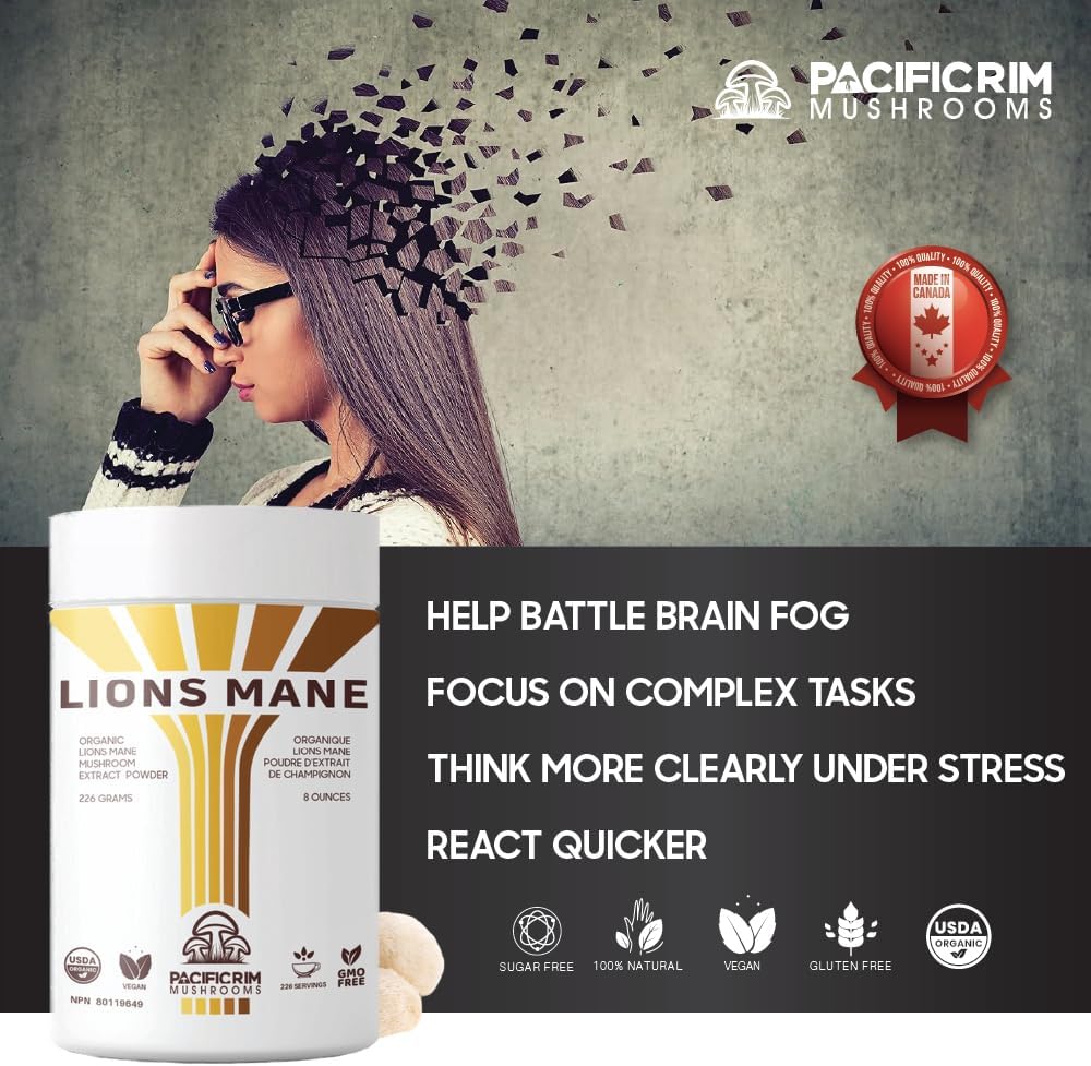 Organic Lions Mane Mushroom Powder for Memory & Brain Health - Ultra Strength 10:1 Supplement, 8oz / 226 Servings