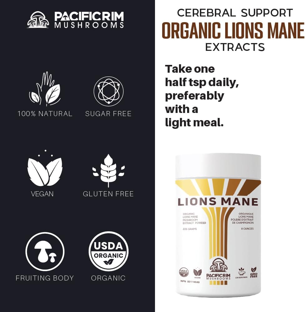 Organic Lions Mane Mushroom Powder for Memory & Brain Health - Ultra Strength 10:1 Supplement, 8oz / 226 Servings