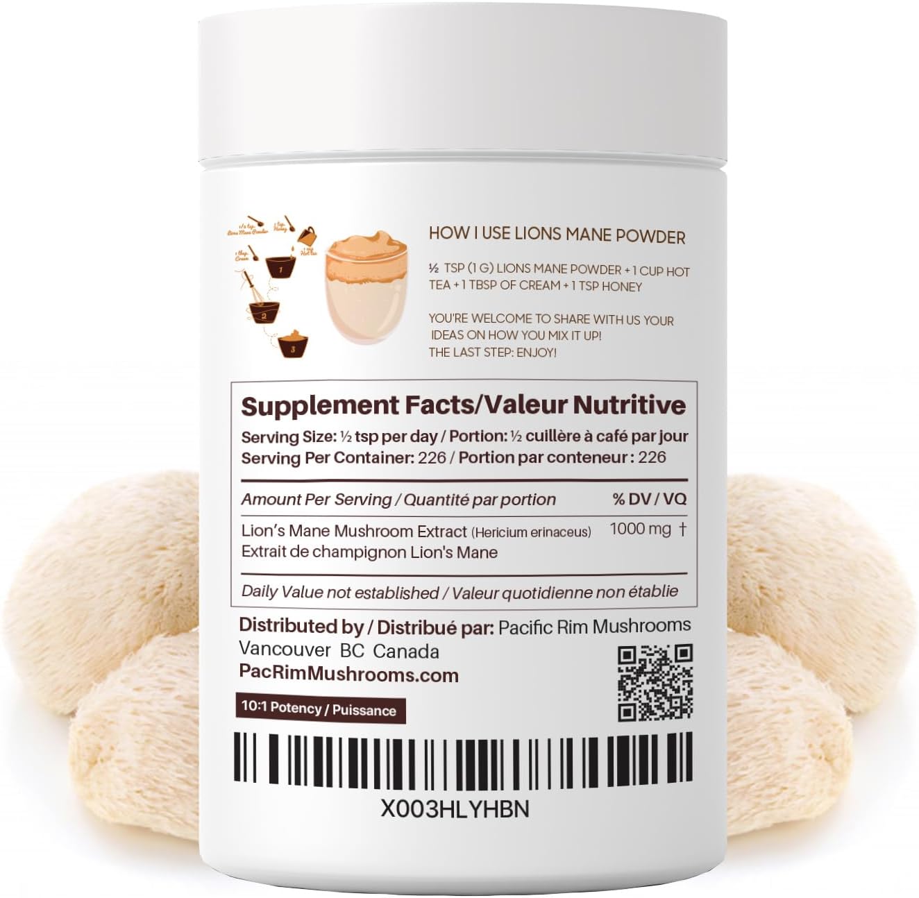 Organic Lions Mane Mushroom Powder for Memory & Brain Health - Ultra Strength 10:1 Supplement, 8oz / 226 Servings