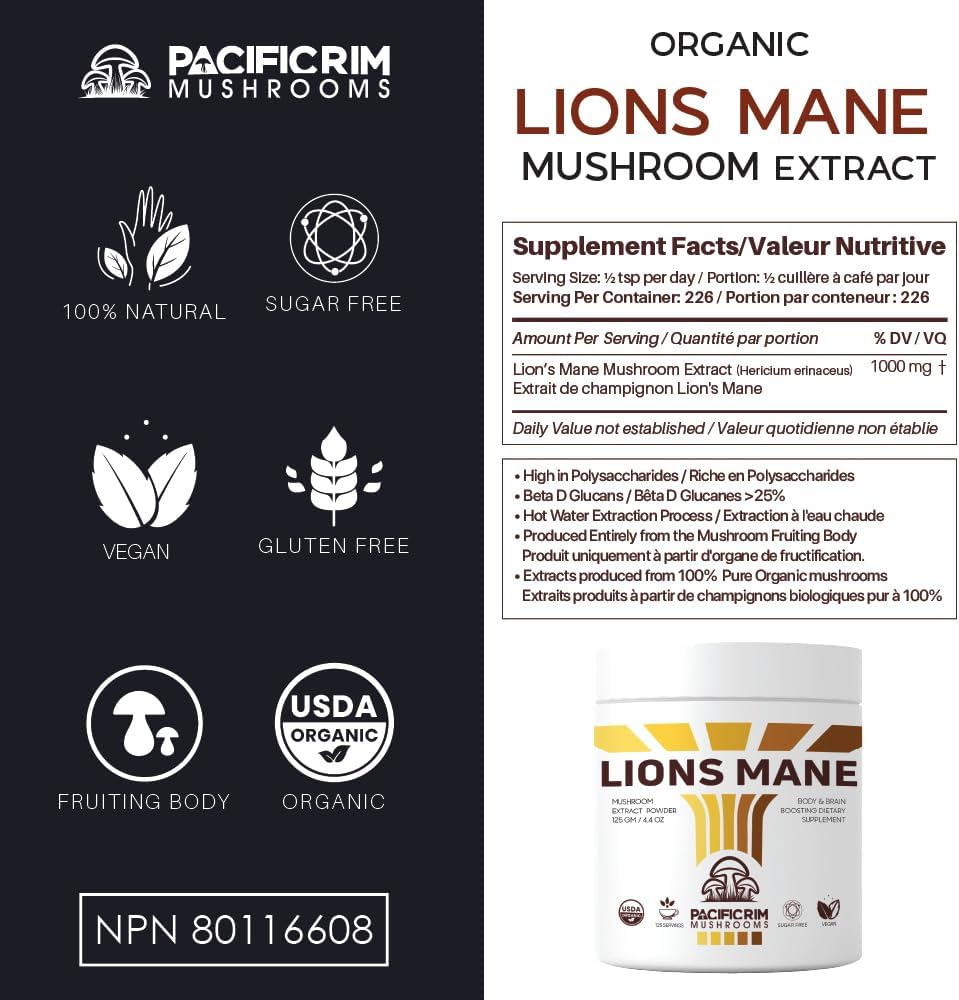 Organic Lions Mane Mushroom Powder for Memory & Brain Health - Ultra Strength 10:1 Supplement, 8oz / 226 Servings
