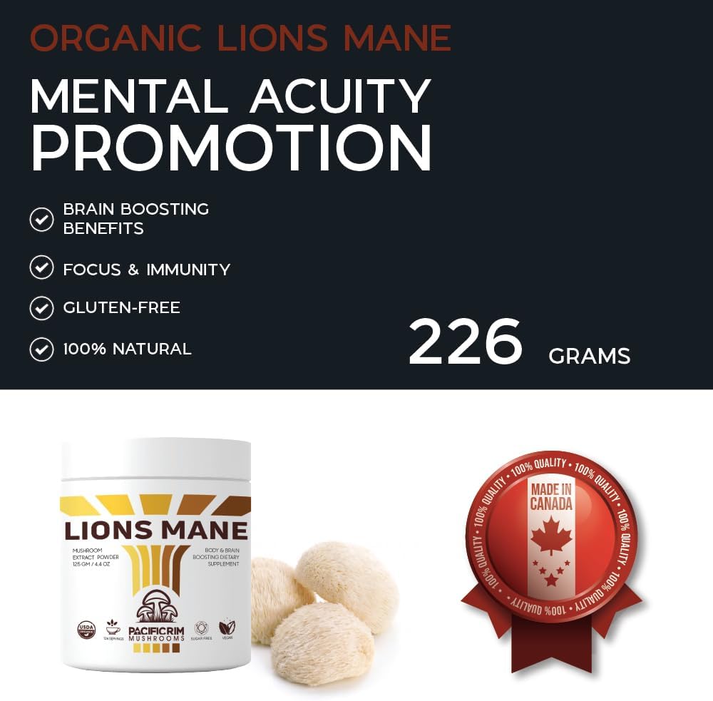 Organic Lions Mane Mushroom Powder for Memory & Brain Health - Ultra Strength 10:1 Supplement, 8oz / 226 Servings