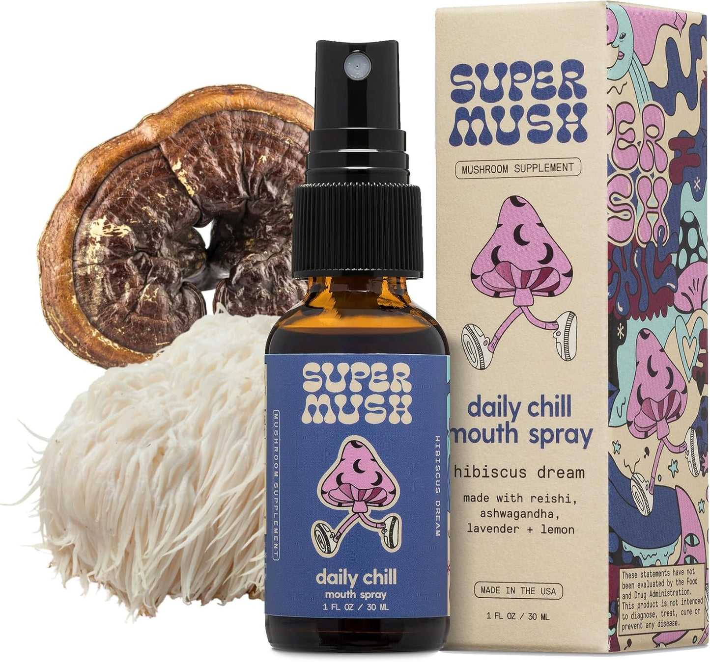 Organic Lion's Mane & Reishi Mushroom Spray for Stress Relief - Daily Chill Mouth Spray with Hibiscus & Ashwagandha - Relaxing Liquid Supplement - 30ml Pure Extract Spray