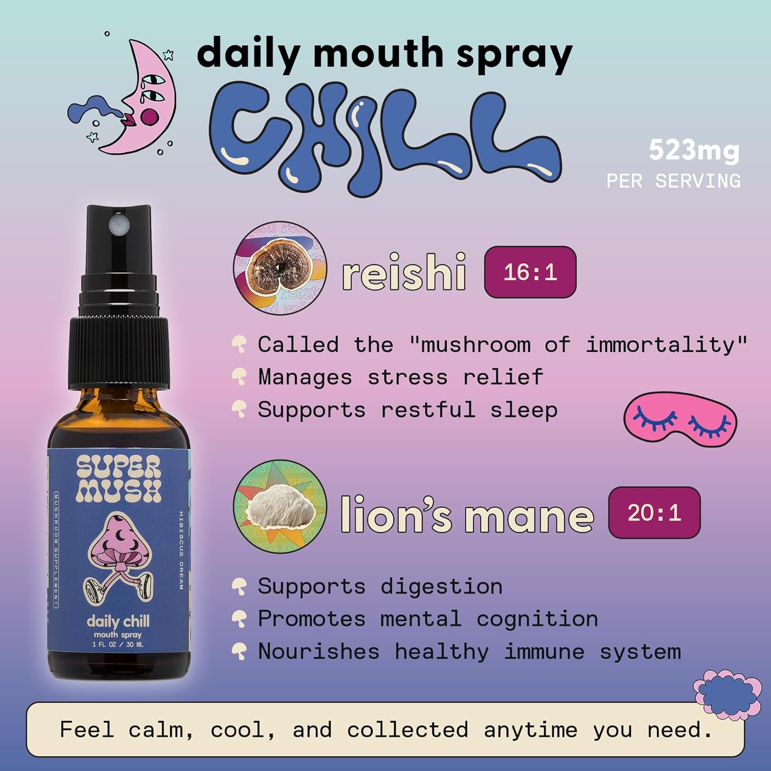 Organic Lion's Mane & Reishi Mushroom Spray for Stress Relief - Daily Chill Mouth Spray with Hibiscus & Ashwagandha - Relaxing Liquid Supplement - 30ml Pure Extract Spray