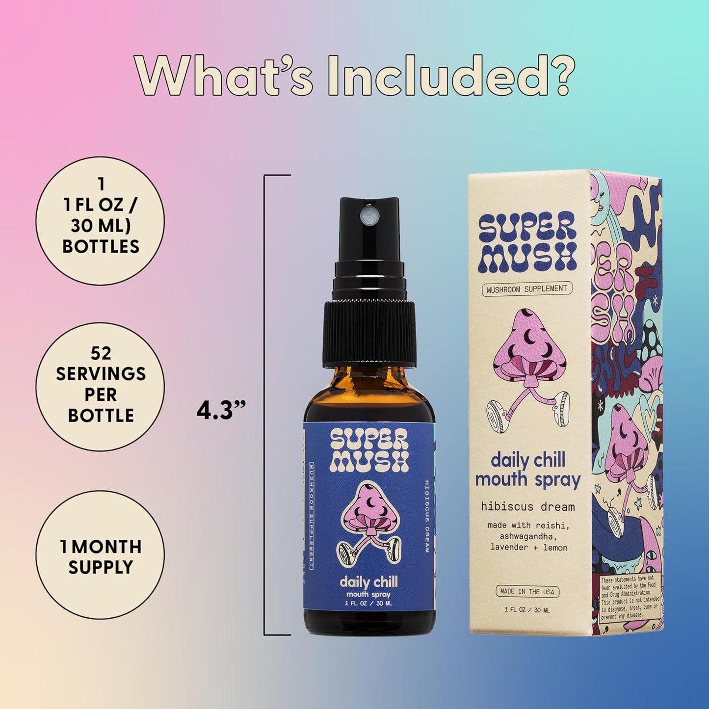 Organic Lion's Mane & Reishi Mushroom Spray for Stress Relief - Daily Chill Mouth Spray with Hibiscus & Ashwagandha - Relaxing Liquid Supplement - 30ml Pure Extract Spray