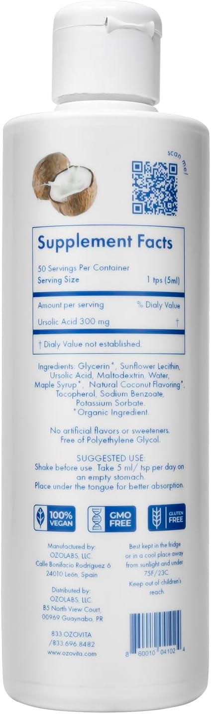 Organic Liposomal Ursolic Acid Supplement | Vegan Coconut Flavor | Non-GMO & Gluten-Free | 250ml - 50 Doses | ISO9001 & ISO22000 Compliant