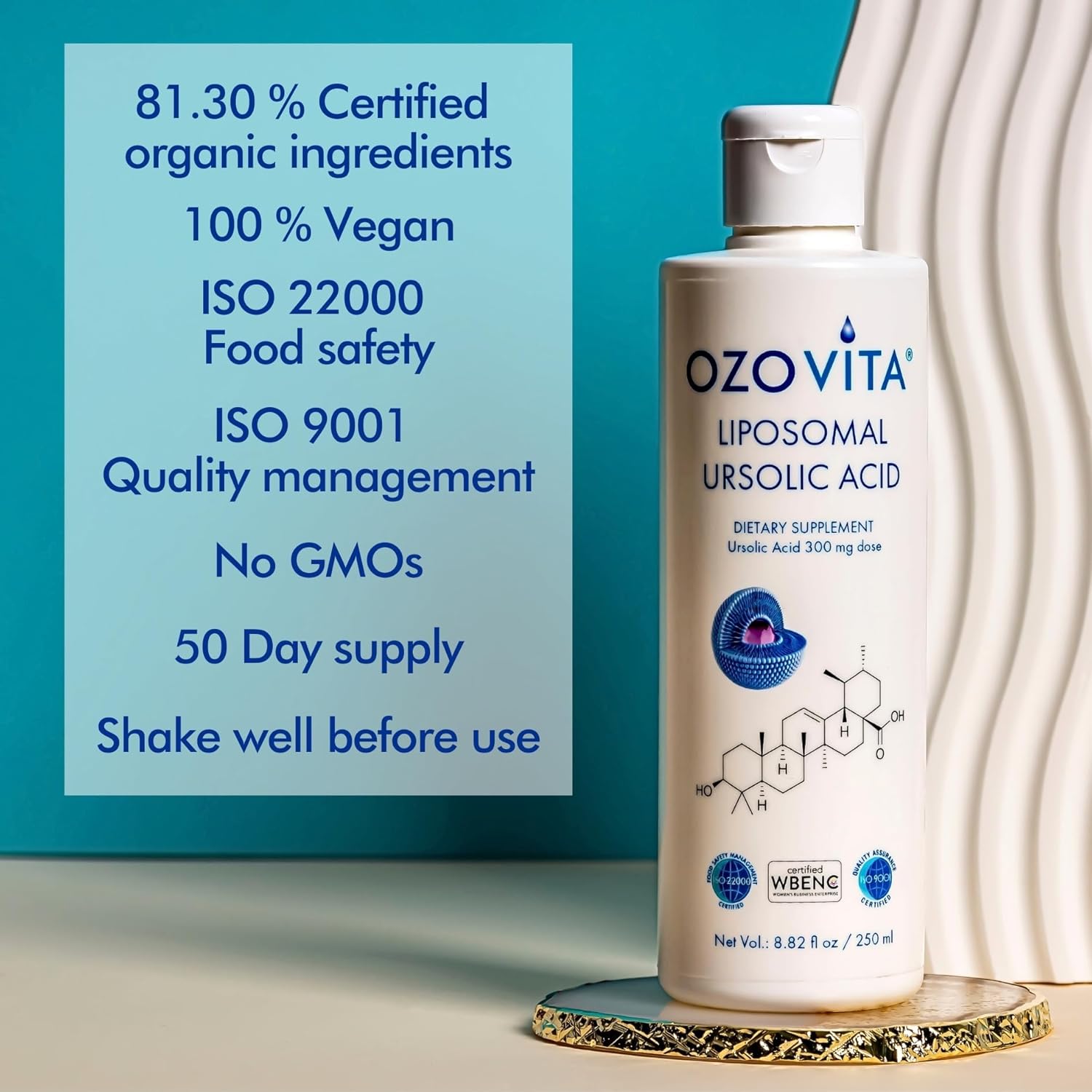 Organic Liposomal Ursolic Acid Supplement | Vegan Coconut Flavor | Non-GMO & Gluten-Free | 250ml - 50 Doses | ISO9001 & ISO22000 Compliant