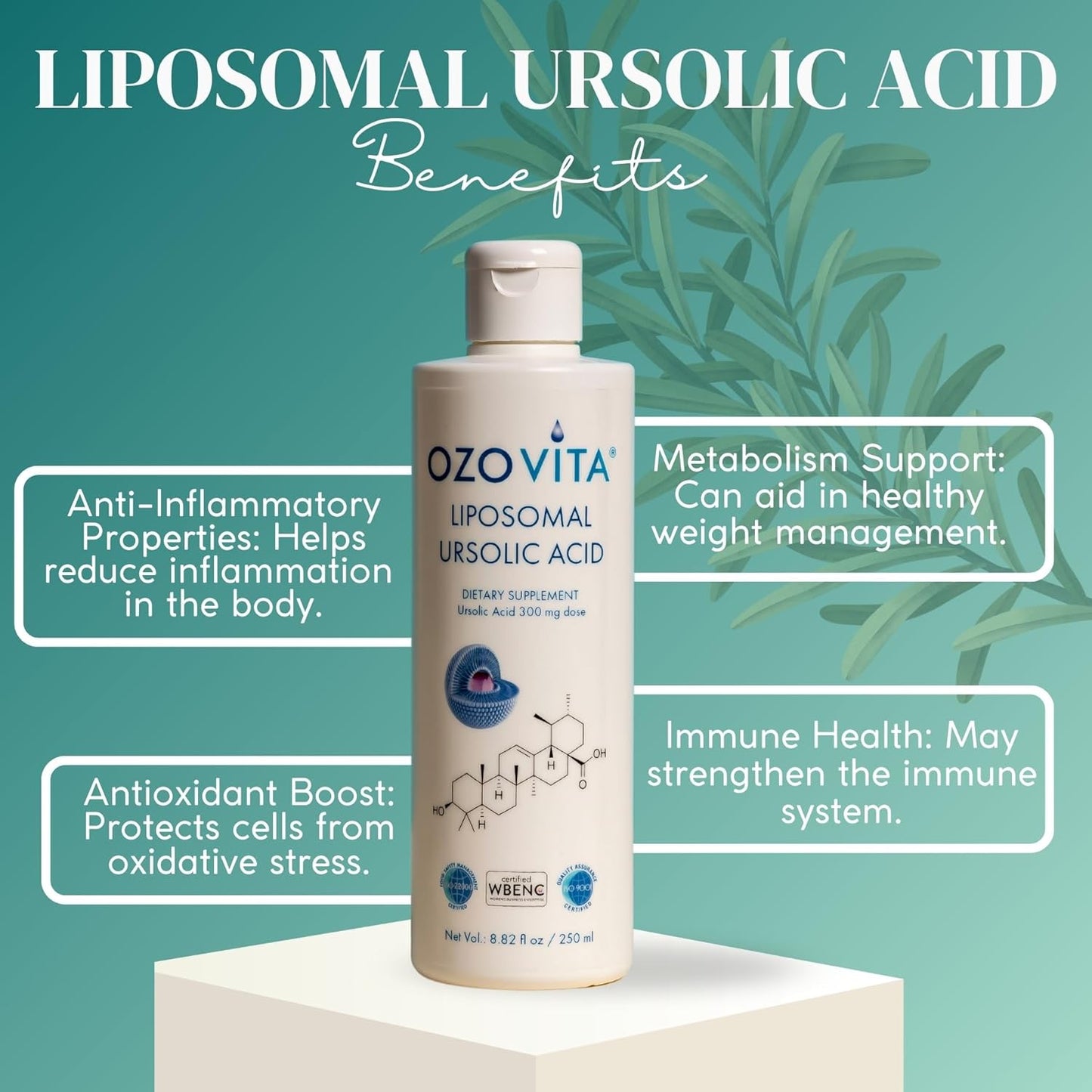Organic Liposomal Ursolic Acid Supplement | Vegan Coconut Flavor | Non-GMO & Gluten-Free | 250ml - 50 Doses | ISO9001 & ISO22000 Compliant