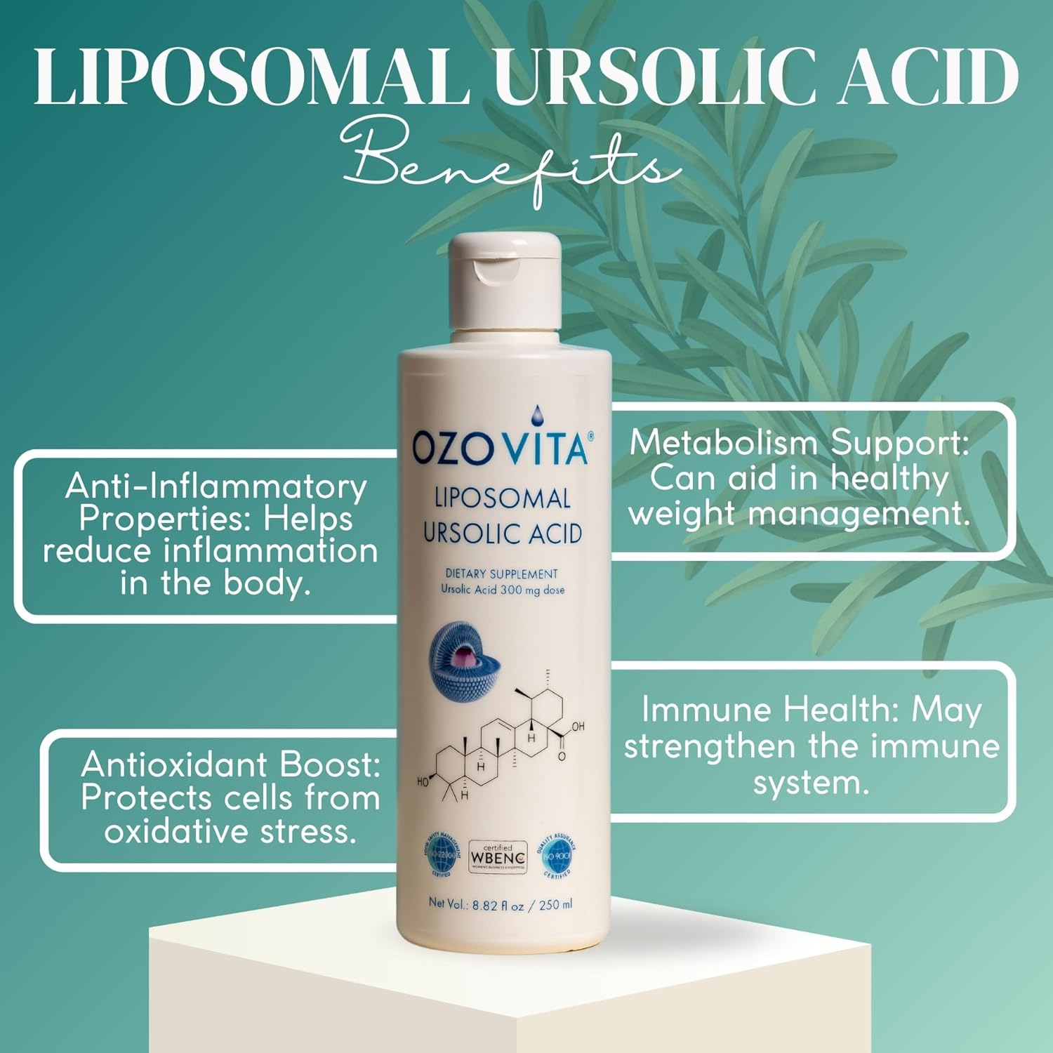 Organic Liposomal Ursolic Acid Supplement | Vegan Coconut Flavor | Non-GMO & Gluten-Free | 250ml - 50 Doses | ISO9001 & ISO22000 Compliant