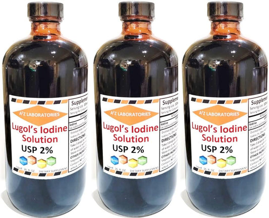 Organic Lugol's Iodine and Potassium Iodide Liquid Supplement Drops - 2% Solution, 3000 mcg - Thyroid Support for Men & Women, Metabolism and Detox Boost - 16 Fl Oz (3 PK) USA Made - Fast Shipping