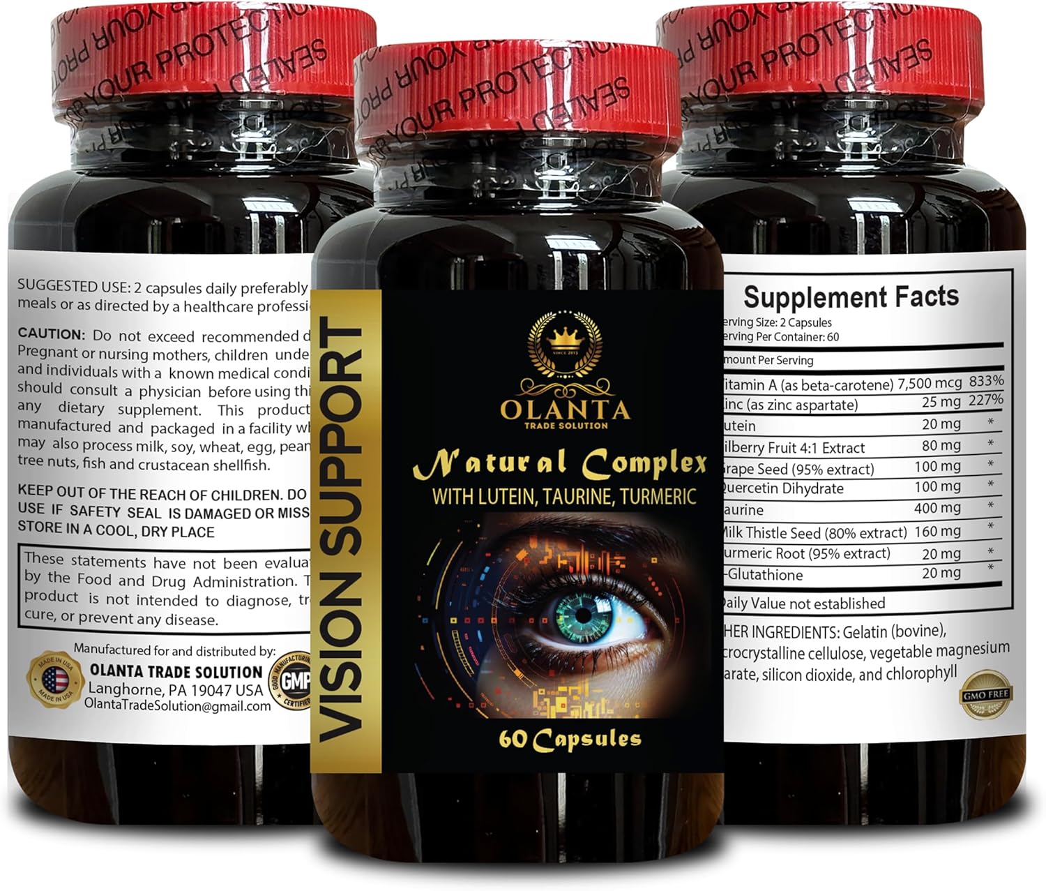 Organic Lutein Complex for Vision Support - Eye Vitamin & Mineral Supplement with Taurine and Milk Thistle Extract - 1 Bottle