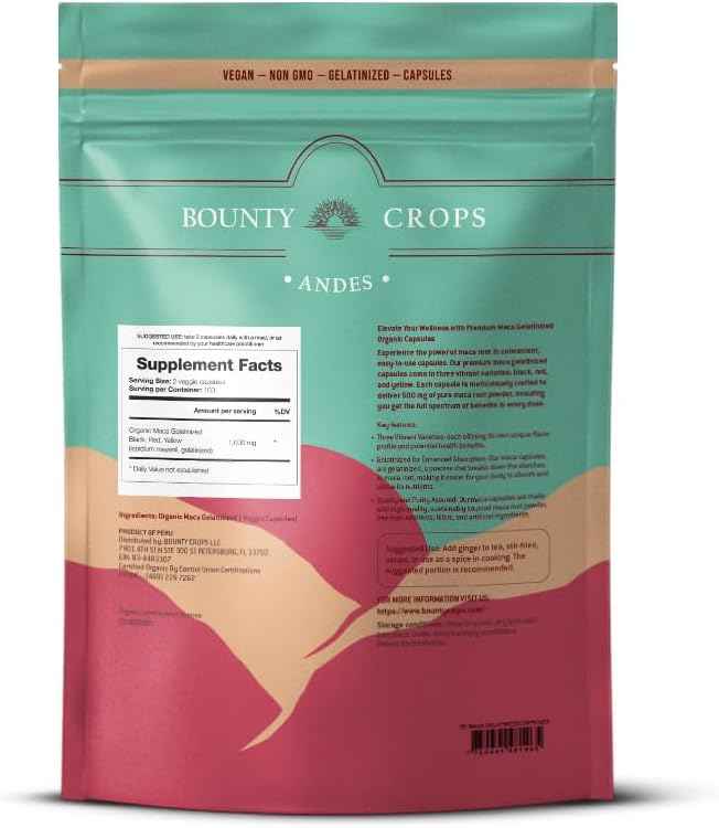 Organic Maca Powder CAPSULES-1000 mg per Serving, Gelatinized, Non-GMO, 200 Vegan Capsules, Black, Red, and Yellow Peruvian Maca, Energy and Vitality Support.