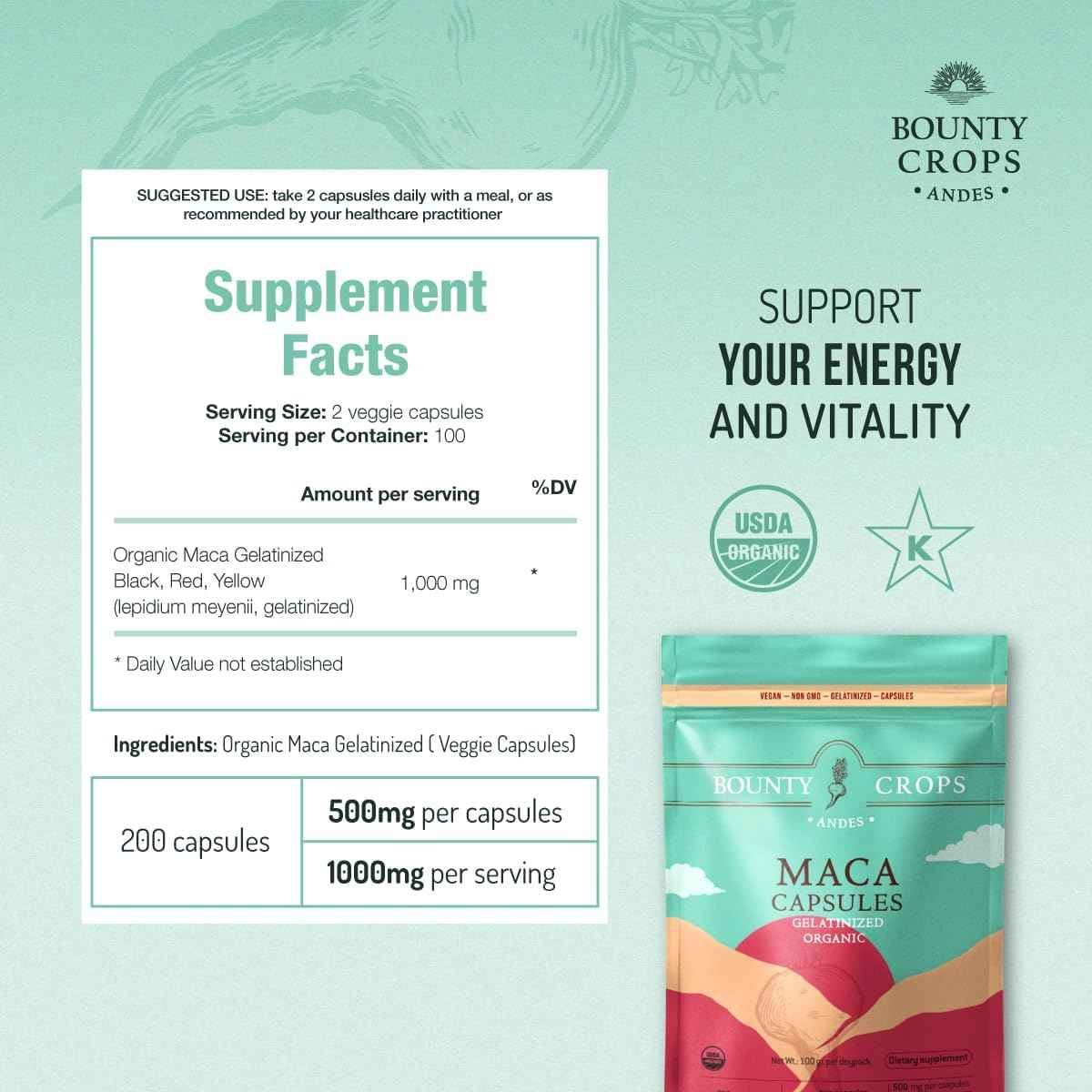 Organic Maca Powder CAPSULES-1000 mg per Serving, Gelatinized, Non-GMO, 200 Vegan Capsules, Black, Red, and Yellow Peruvian Maca, Energy and Vitality Support.