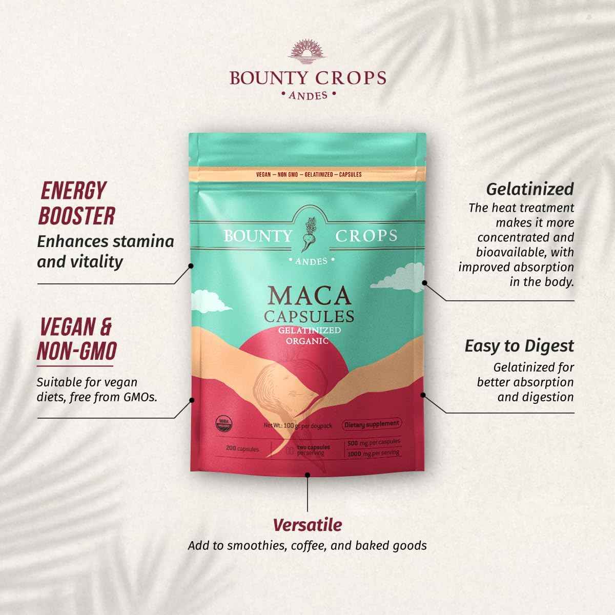 Organic Maca Powder CAPSULES-1000 mg per Serving, Gelatinized, Non-GMO, 200 Vegan Capsules, Black, Red, and Yellow Peruvian Maca, Energy and Vitality Support.