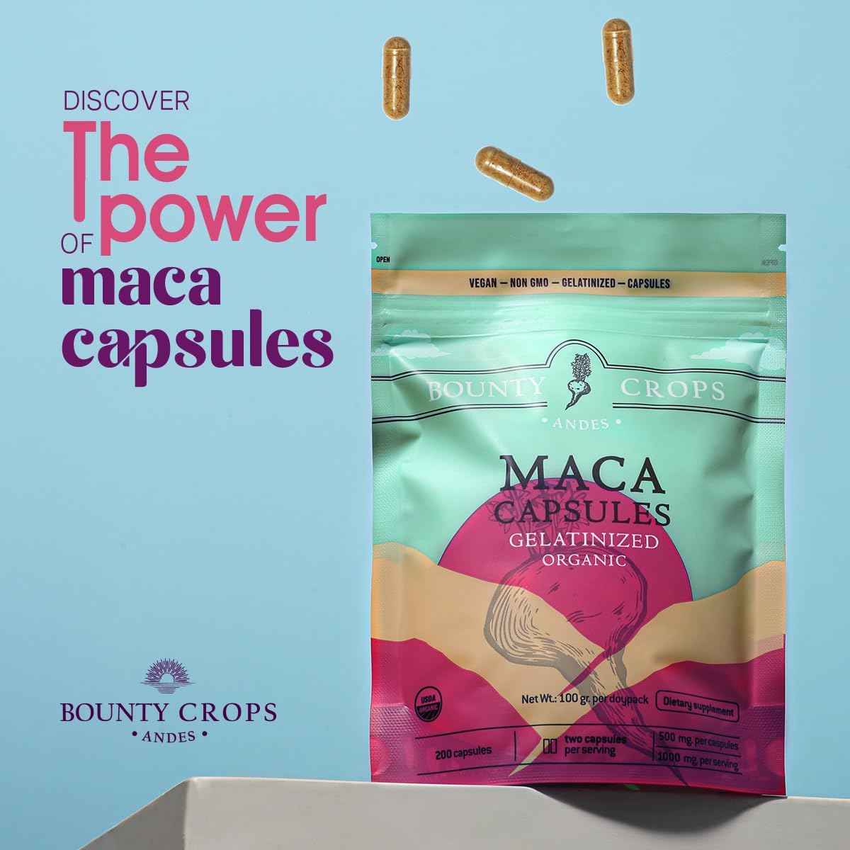 Organic Maca Powder CAPSULES-1000 mg per Serving, Gelatinized, Non-GMO, 200 Vegan Capsules, Black, Red, and Yellow Peruvian Maca, Energy and Vitality Support.