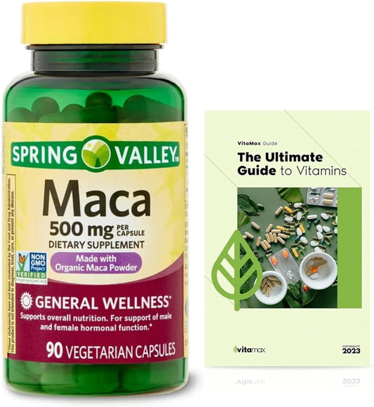 Organic Maca Root Capsules 500mg for Women and Men with VitaMax Vitamin Guide (2 Items) by Spring Valley