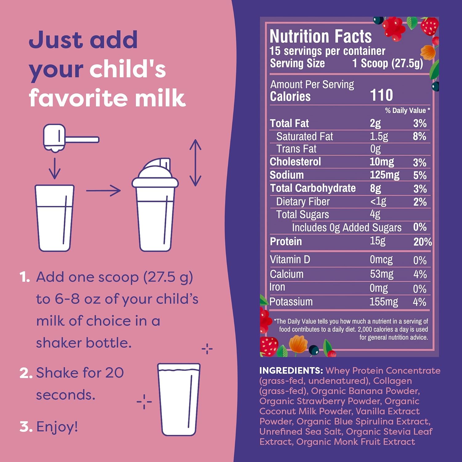 Organic Magical Berry Protein Smoothie for Kids - Grass-Fed Whey with Collagen - 15 Servings