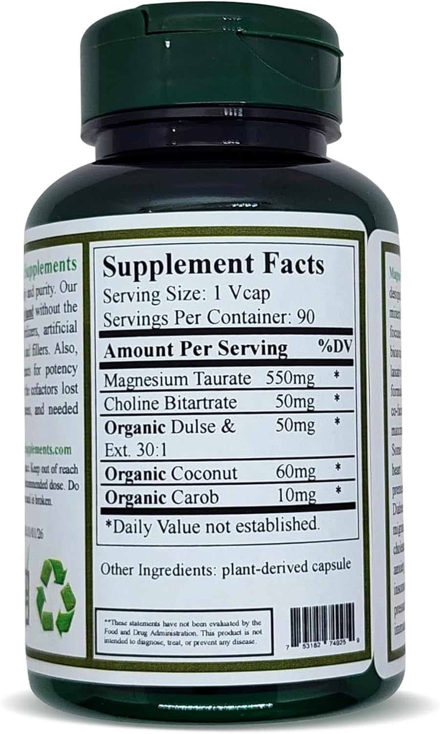 Organic Magnesium Taurate Supplements for High Absorption - 90 VCaps (Pack of 2) - Non-GMO, Vegan, Gluten-Free