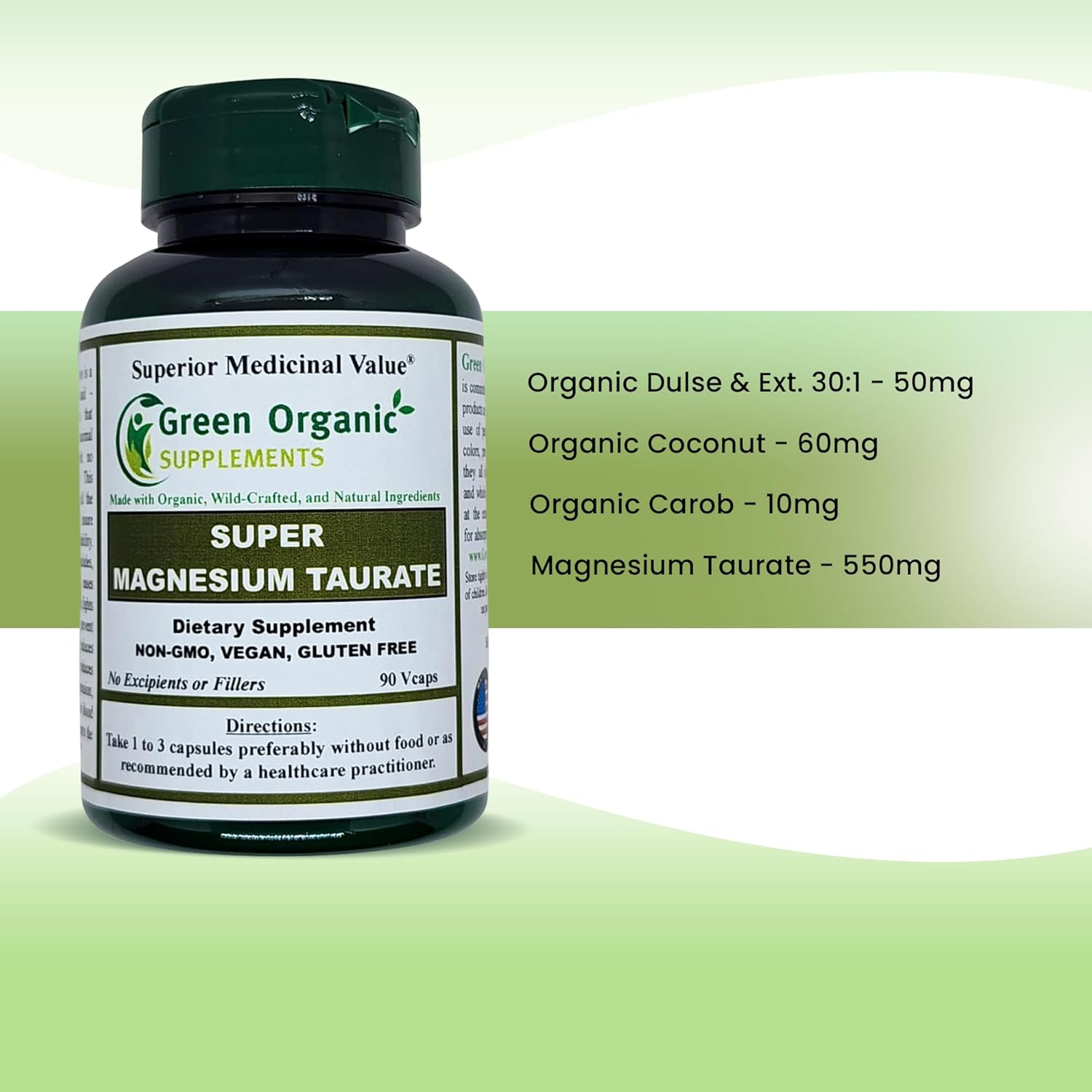 Organic Magnesium Taurate Supplements for High Absorption - 90 VCaps (Pack of 2) - Non-GMO, Vegan, Gluten-Free