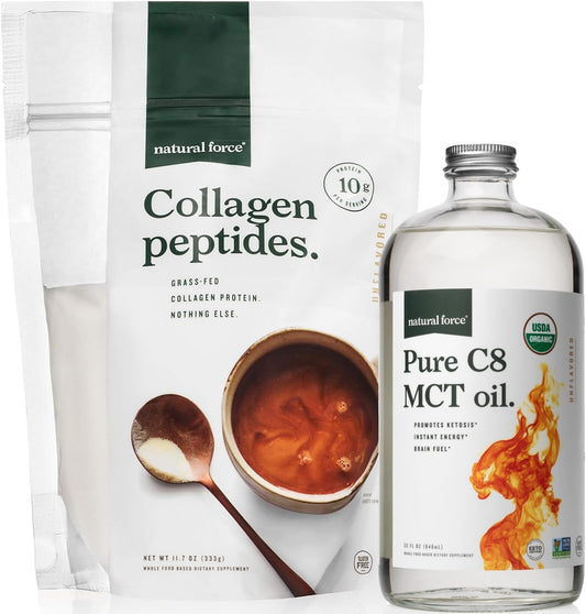 Organic MCT Oil & Grass Fed Collagen Peptides Bundle - Pure Coconut MCTs & Type I/III Collagen Protein - 16oz + 11.7oz