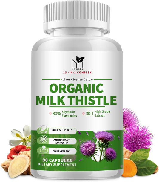 Organic Milk Thistle Extract Capsules for Liver Cleanse & Detox, 30:1 Concentration, 80% Silymarin - Artichoke Leaf, Dandelion Root, Glutathione - 90 Veg Caps