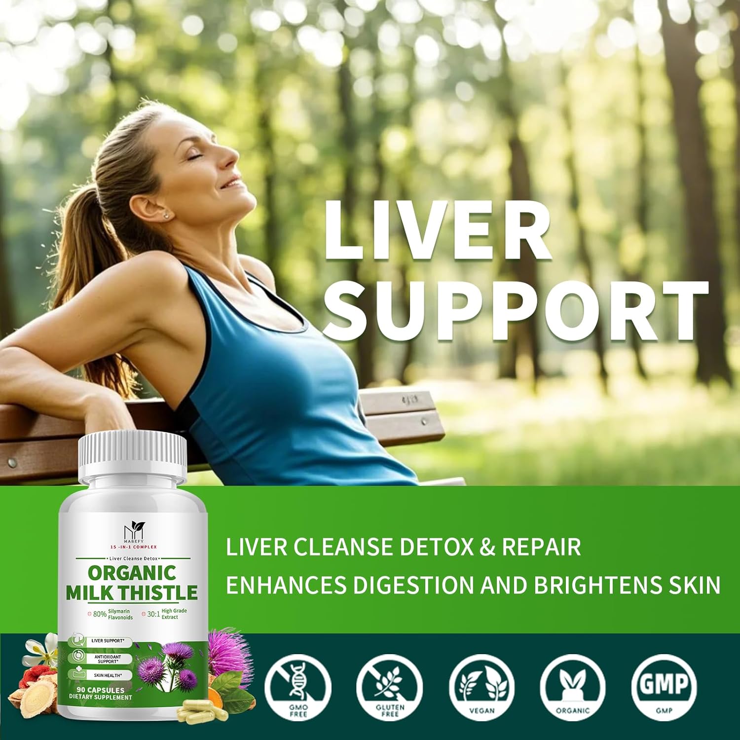 Organic Milk Thistle Extract Capsules for Liver Cleanse & Detox, 30:1 Concentration, 80% Silymarin - Artichoke Leaf, Dandelion Root, Glutathione - 90 Veg Caps