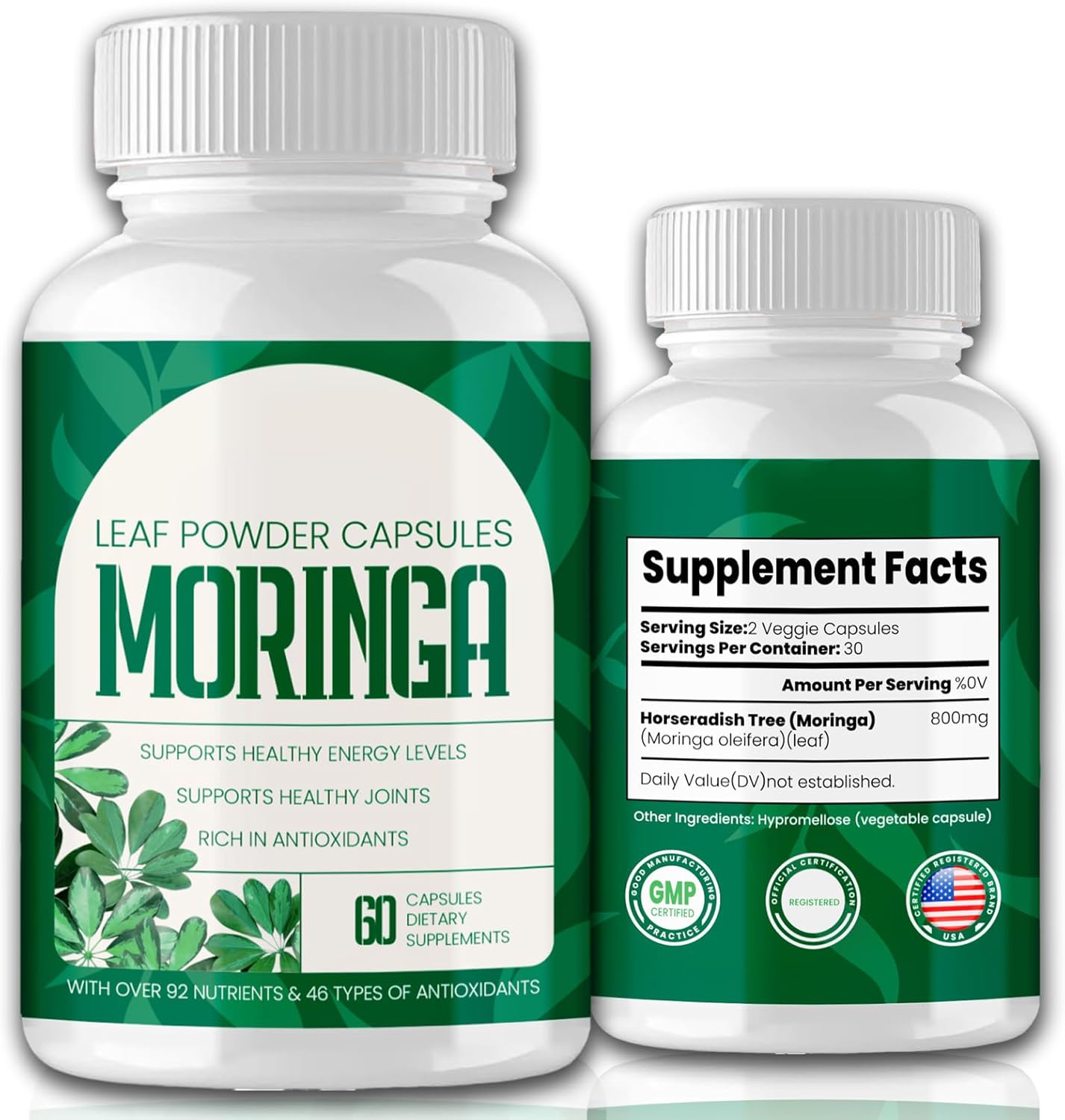 Organic Moringa Capsules - 800mg Nutrient-Rich Moringa Powder with Antioxidants, Vitamins & Amino Acids - 60 Capsules