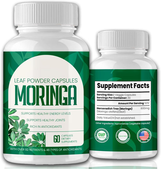 Organic Moringa Capsules - 800mg Nutrient-Rich Moringa Powder with Antioxidants, Vitamins & Amino Acids - 60 Capsules