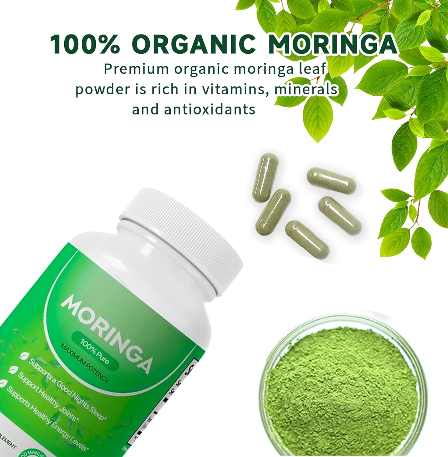 Organic Moringa Capsules - 800mg Nutrient-Rich Powder for Energy, Skin & Gut Health - Vitamins & Amino Acids Included