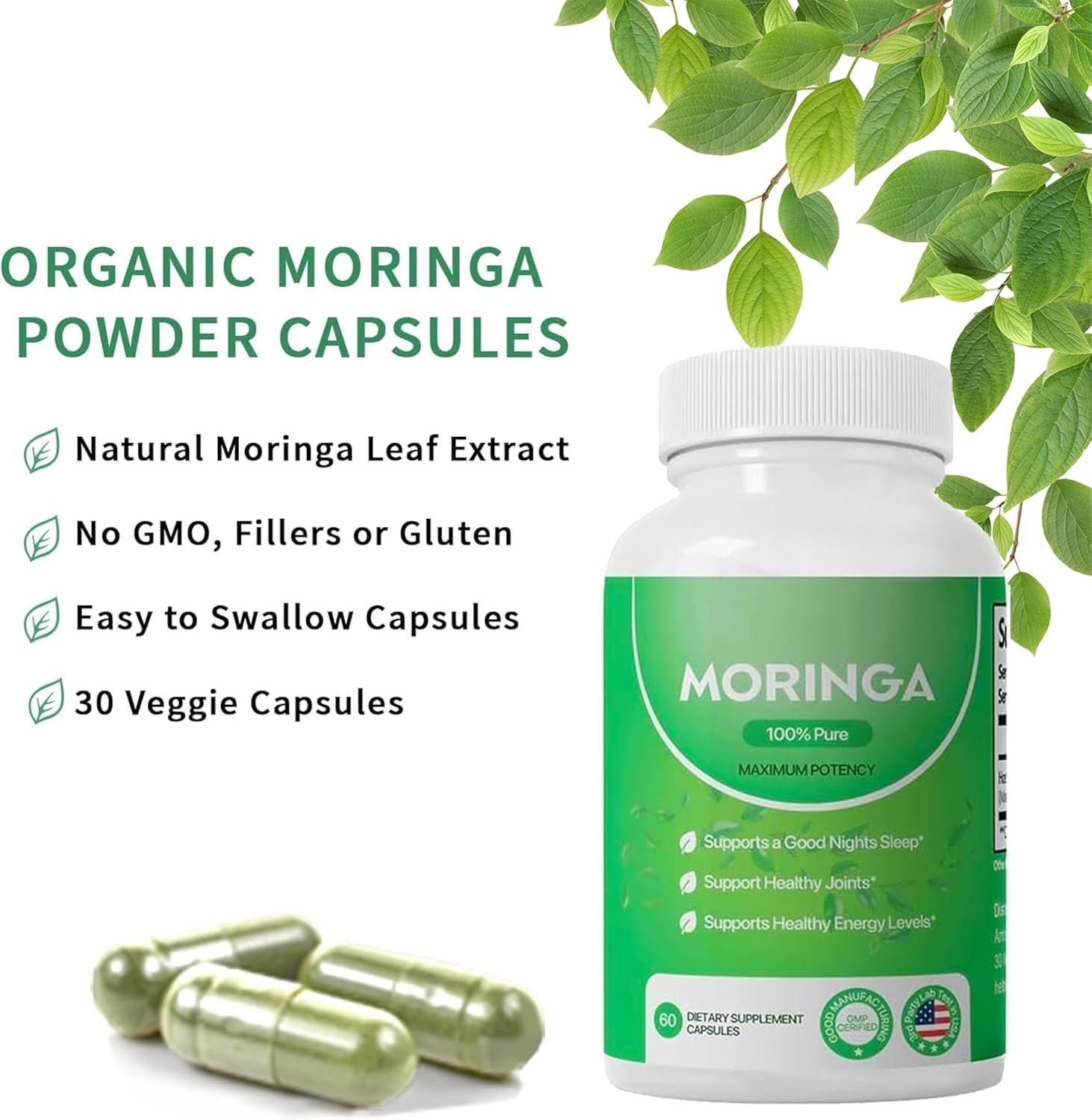 Organic Moringa Capsules - 800mg Nutrient-Rich Powder for Energy, Skin & Gut Health - Vitamins & Amino Acids Included
