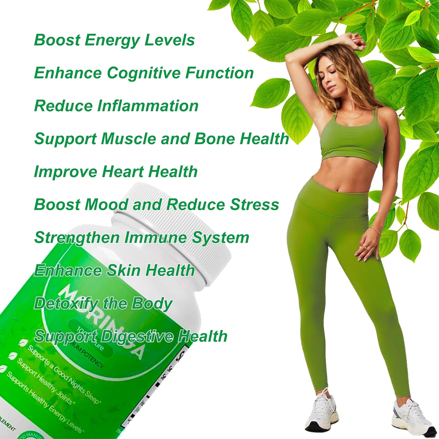 Organic Moringa Capsules - 800mg Nutrient-Rich Powder for Energy, Skin & Gut Health - Vitamins & Amino Acids Included