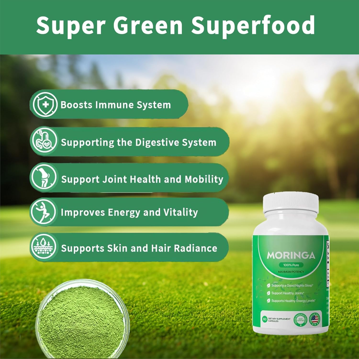 Organic Moringa Capsules - 800mg Nutrient-Rich Powder for Energy, Skin & Gut Health - Vitamins & Amino Acids Included