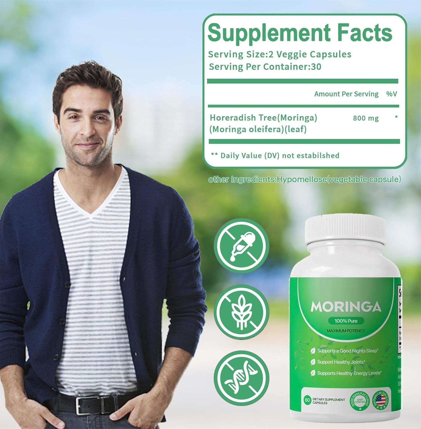Organic Moringa Capsules - 800mg Nutrient-Rich Powder for Energy, Skin & Gut Health - Vitamins & Amino Acids Included