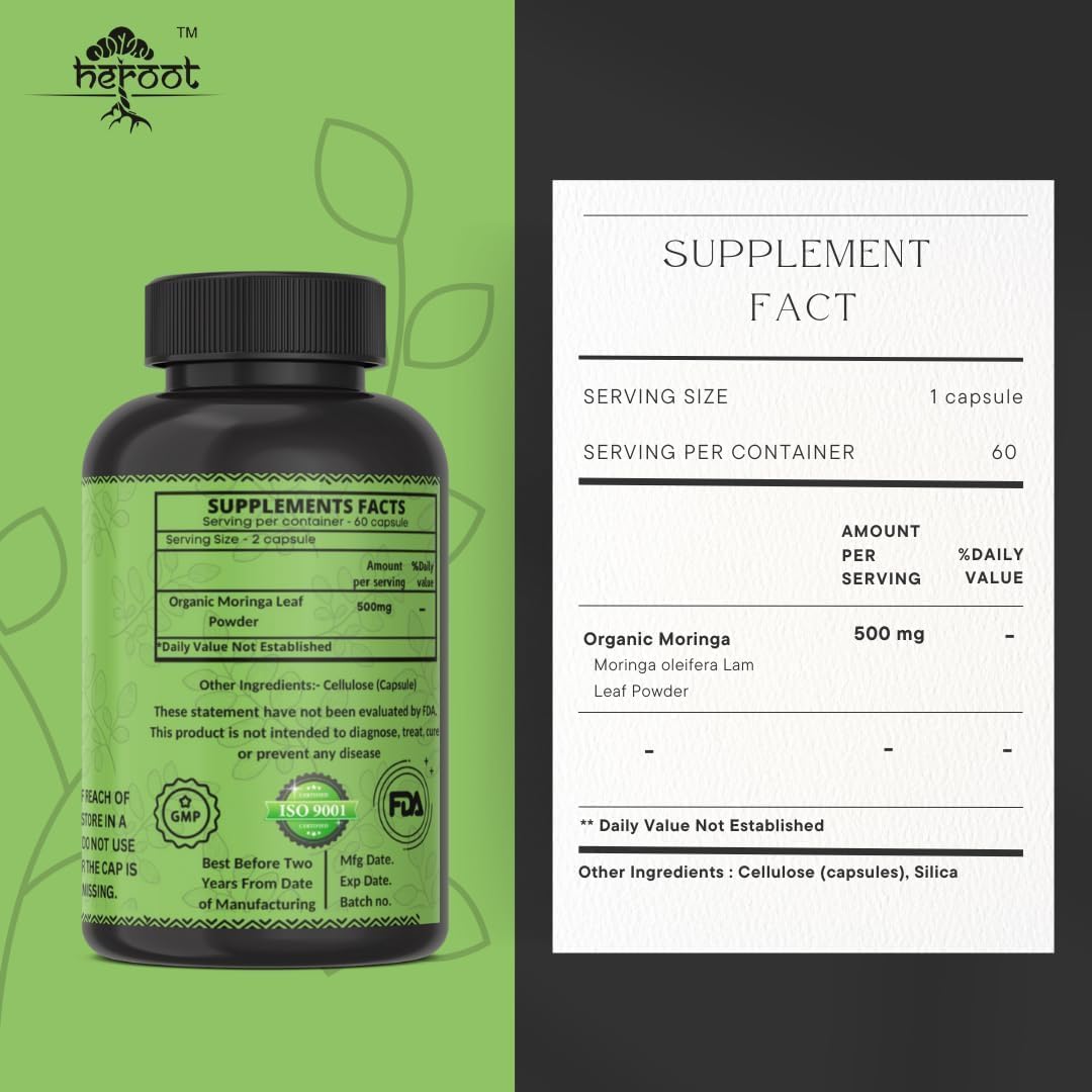 Organic Moringa Capsules - Green Superfood Supplement for Energy, Metabolism, and Immune Support (20 Capsules)