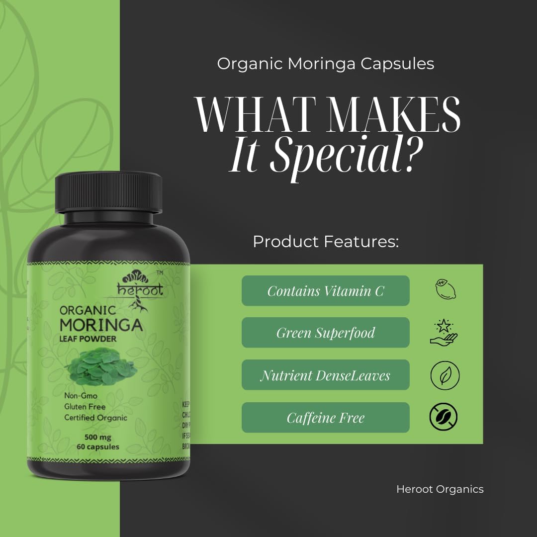 Organic Moringa Capsules - Green Superfood Supplement for Energy, Metabolism, and Immune Support (20 Capsules)