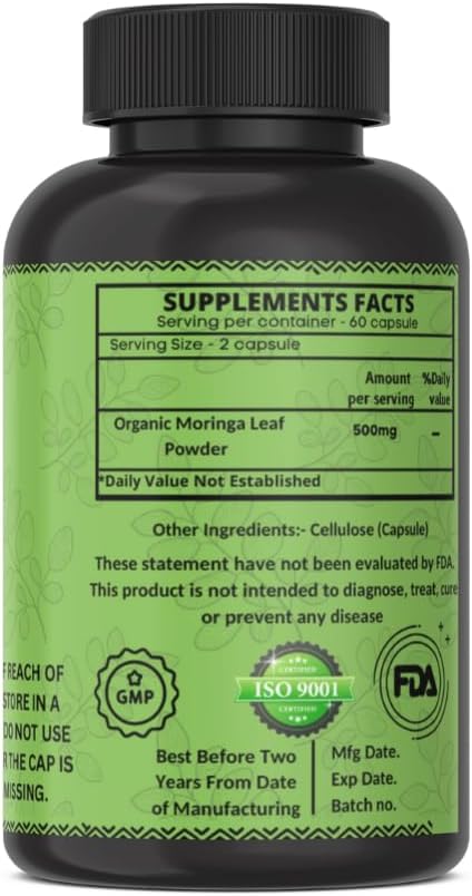 Organic Moringa Capsules - Green Superfood Supplement for Energy, Metabolism, and Immune Support (20 Capsules)