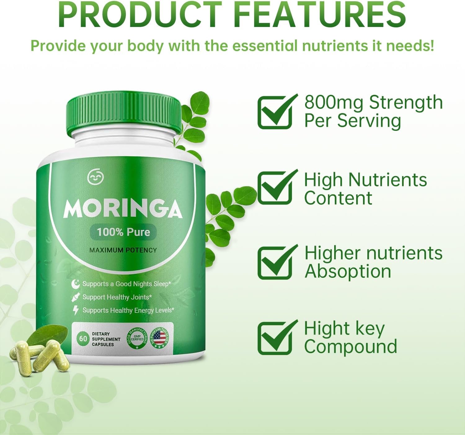 Organic Moringa Capsules - Nutrient-Dense Superfood for Energy, Skin & Gut Health - Rich in Antioxidants, Vitamins, Amino Acids - 1 Pack
